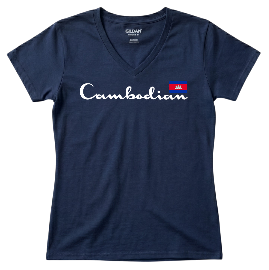 Cambodian Heritage Script Flag V-Neck Tee - Blue V7