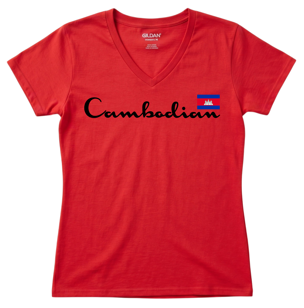 Cambodian Flag Heritage Script V-Neck Tee - Royal Blue V8