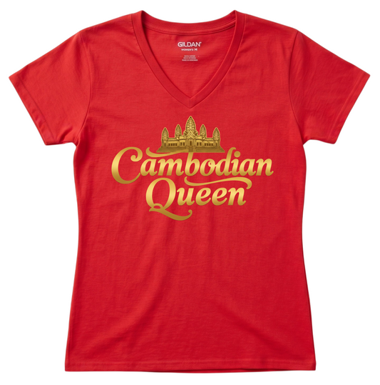 Cambodian Queen Angkor Wat Women’s V-Neck Tee – Black & Gold V12
