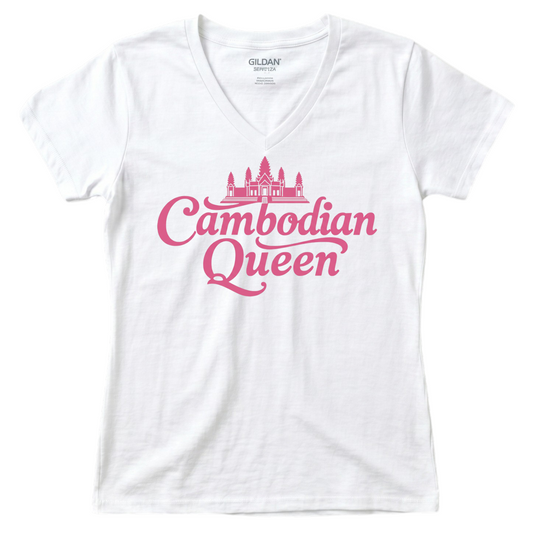Cambodian Queen Angkor Wat Women’s V-Neck Tee – Black & Pink V15