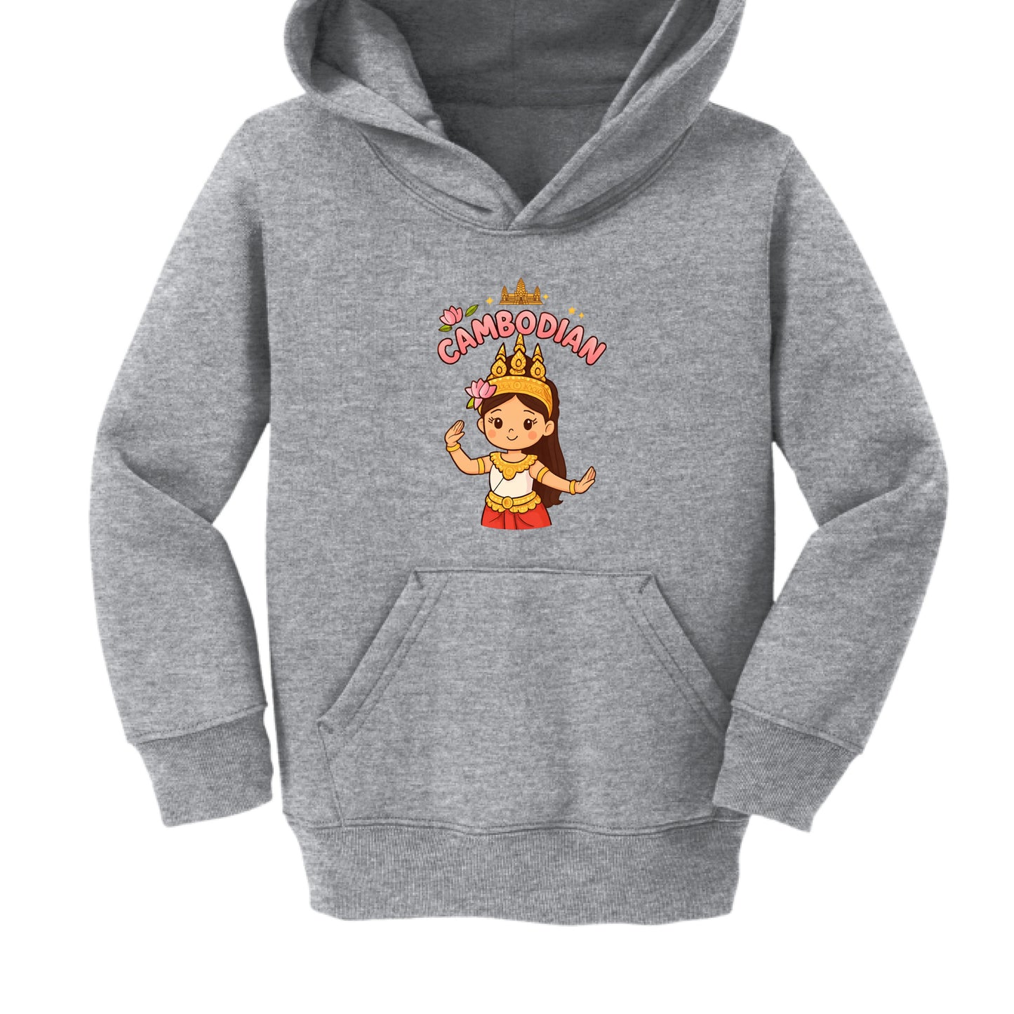 Gray hoodie with a cartoon character and 'Cambodian' text on a white background