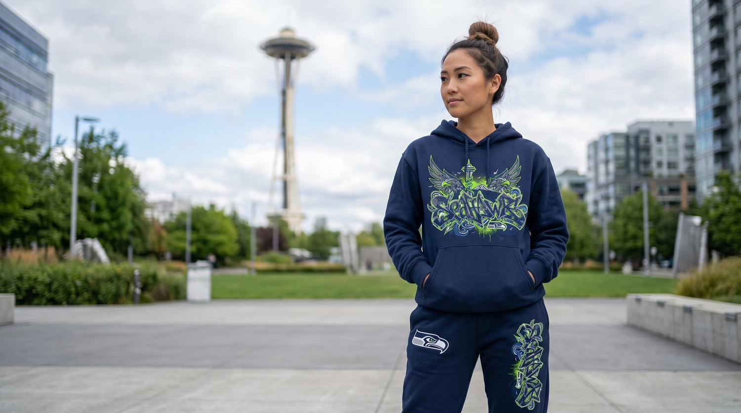 Woman wearing Seahawks hoodie in front of space needle Seattle