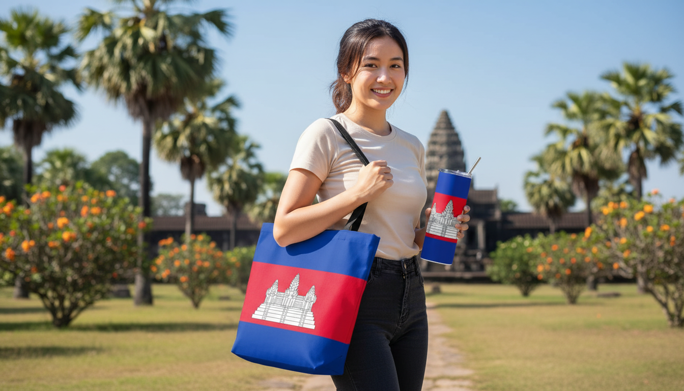 A young woman smiles while standing on a sunlit path at Angkor Wat in Cambodia.