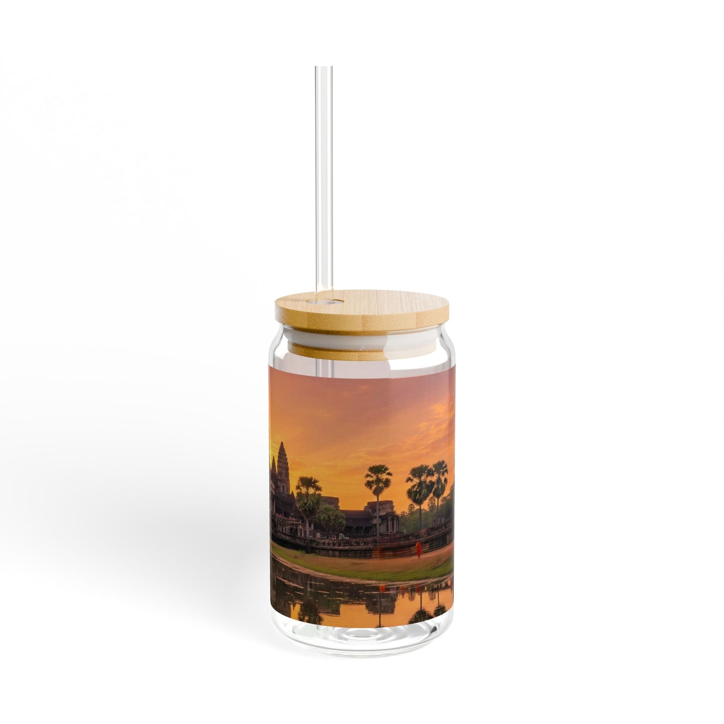 Angkor Golden Sunrise Glass Tumbler — 16oz Travel Tumblers with Straw