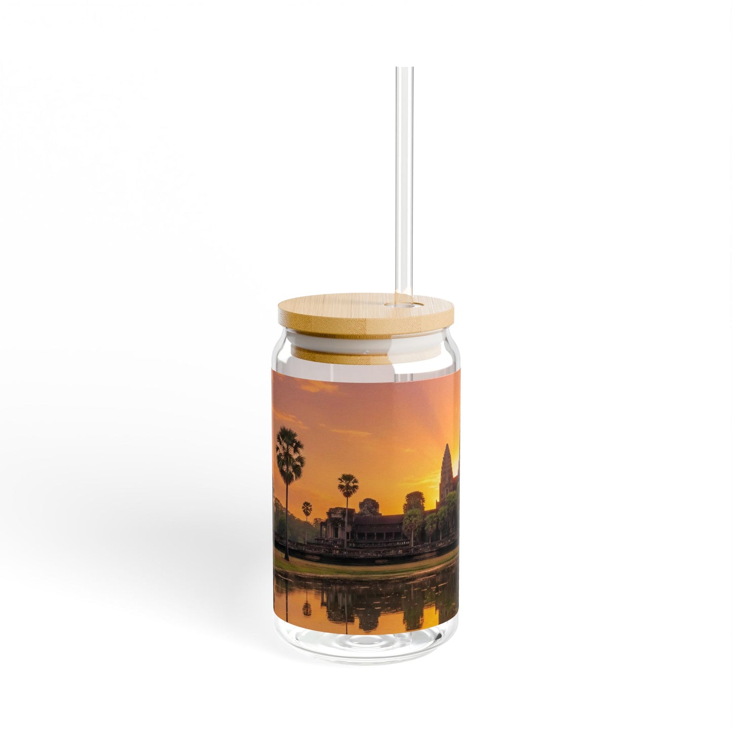 Angkor Golden Sunrise Glass Tumbler — 16oz Travel Tumblers with Straw