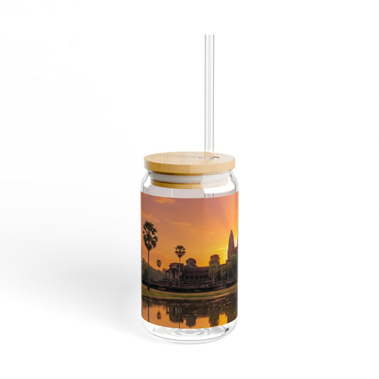 Angkor Golden Sunrise Glass Tumbler — 16oz Travel Tumblers with Straw