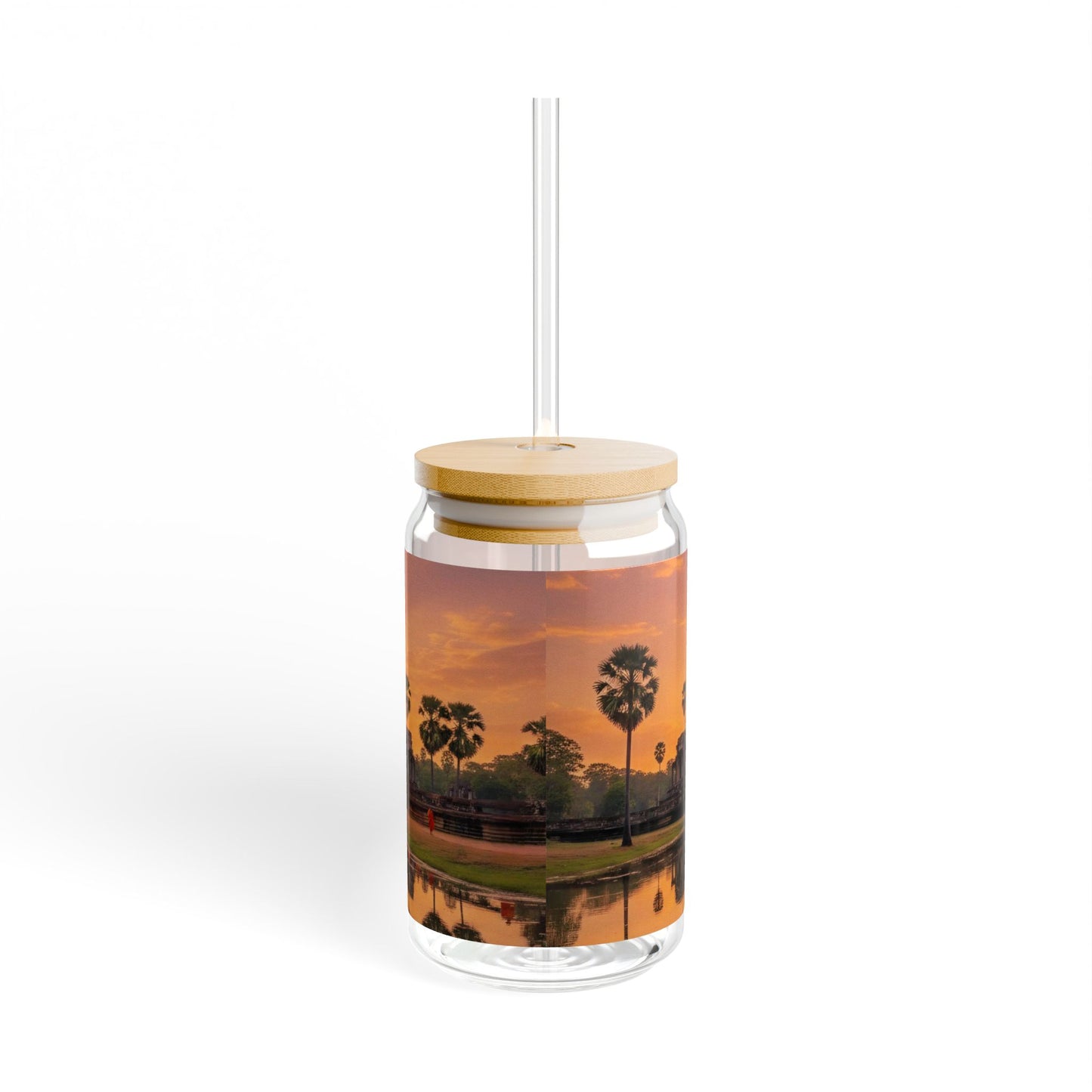 Angkor Golden Sunrise Glass Tumbler — 16oz Travel Tumblers with Straw