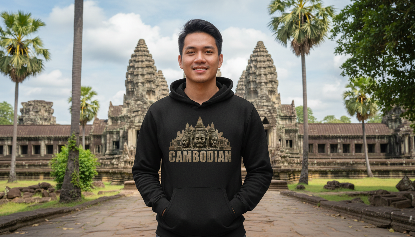 Person wearing a hoodie with a Cambodian design in front of Angkor Wat.