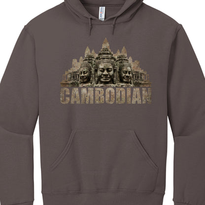 Brown hoodie with Cambodian temple graphic and text on a white background