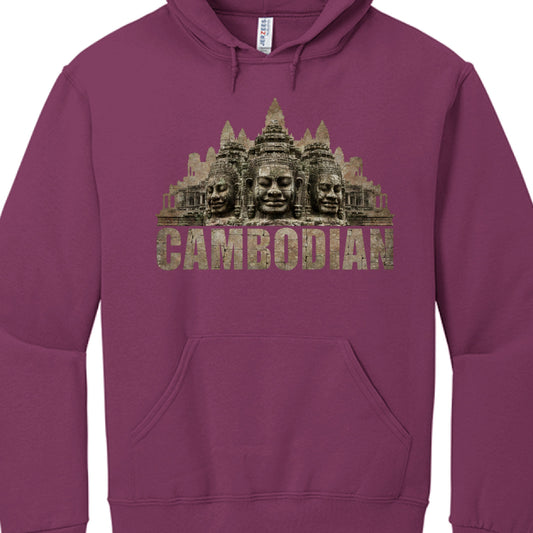 Purple hoodie with a Cambodian temple graphic and text on a white background