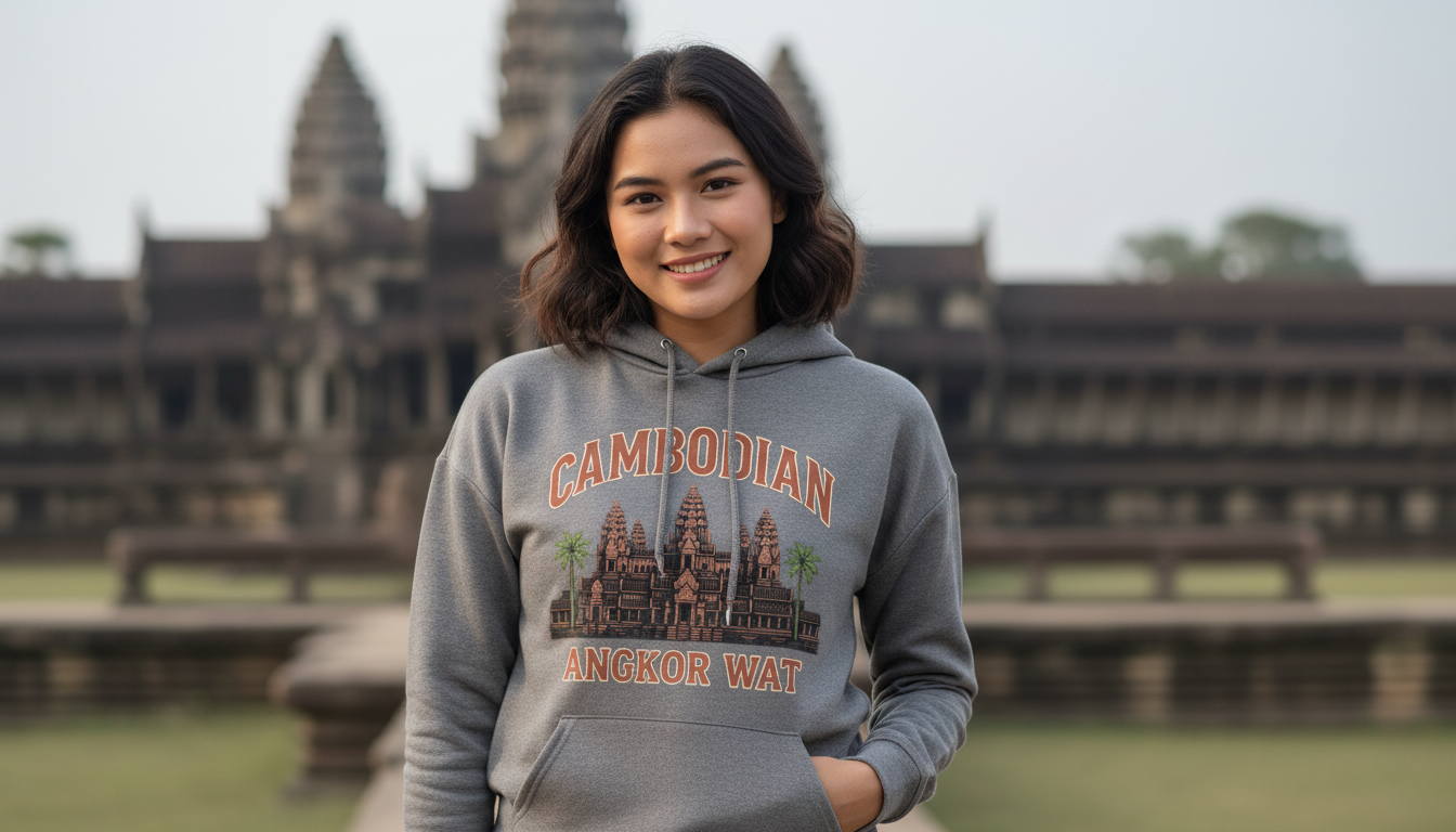 Woman wearing a hoodie with 'Cambodian' text and temple design, standing in front of Angkor Wat.