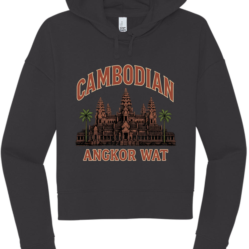 Black hoodie with Angkor Wat design and 'Cambodian' text on a white background