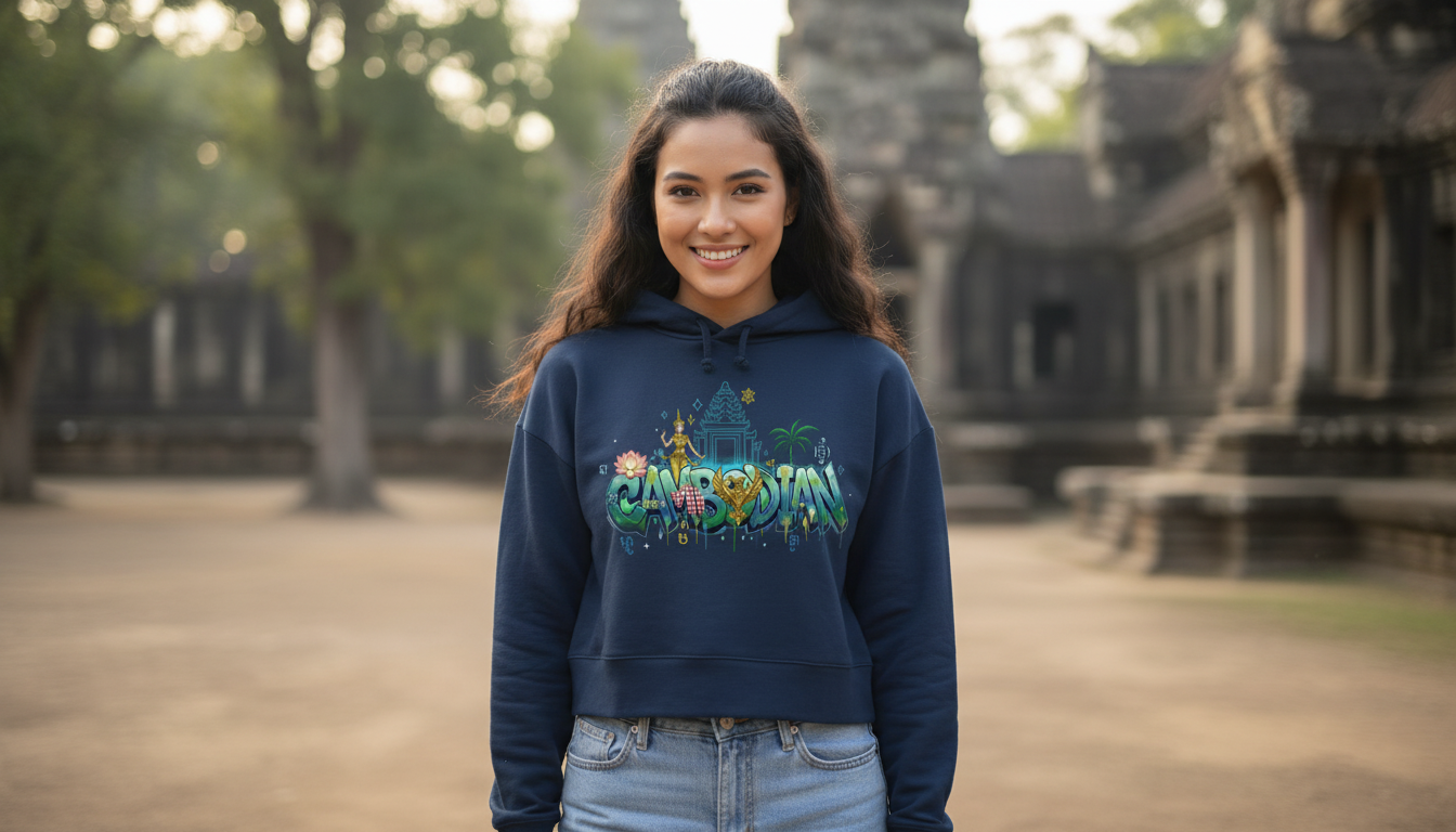 Woman wearing a hoodie with a colorful design in front of an ancient temple.