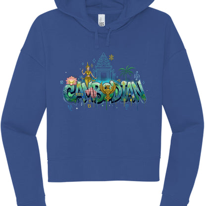Blue hoodie with colorful 'Cambodian' design on a white background