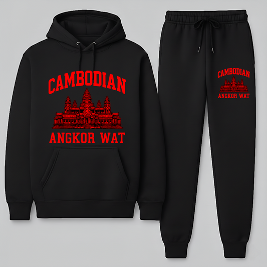 Black hoodie and jogger set with red 'Cambodian Angkor Wat' text and design on a light gray background