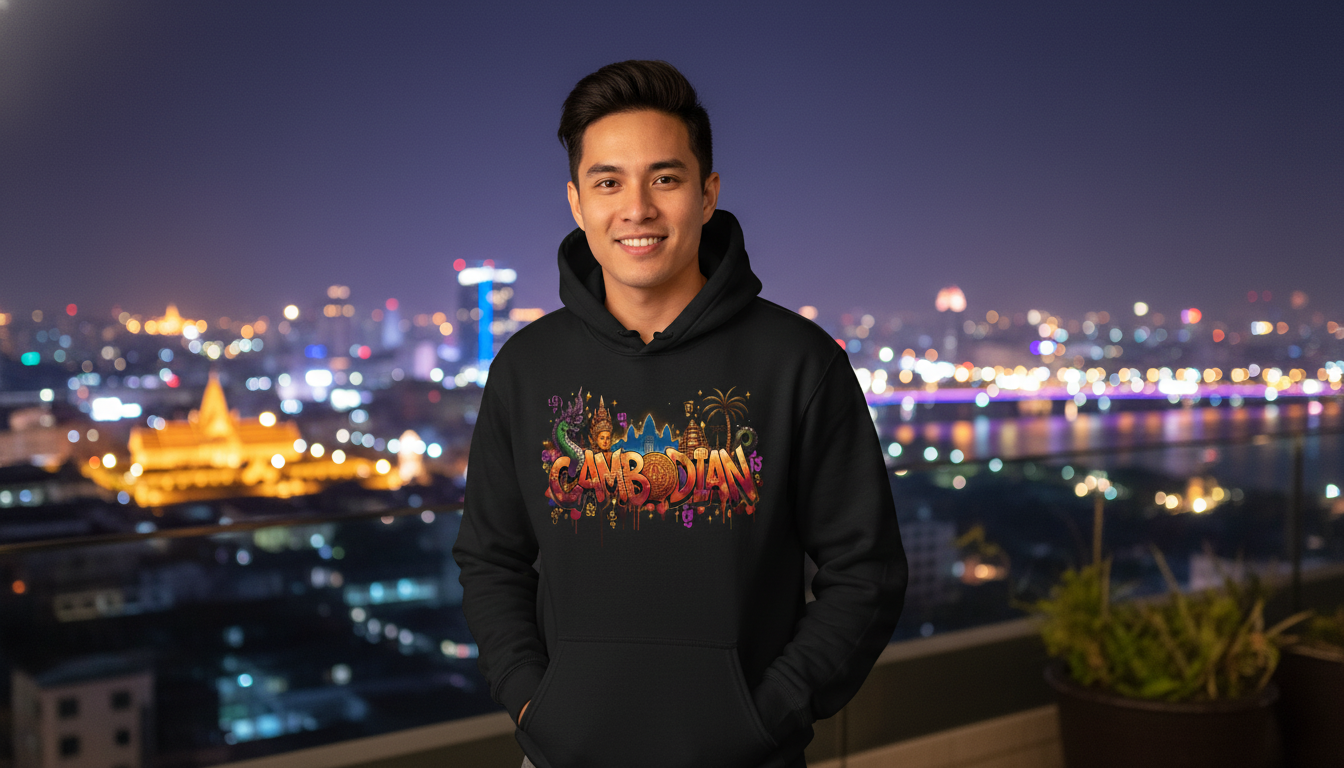 Person wearing a black hoodie with colorful text, standing against a cityscape at night.