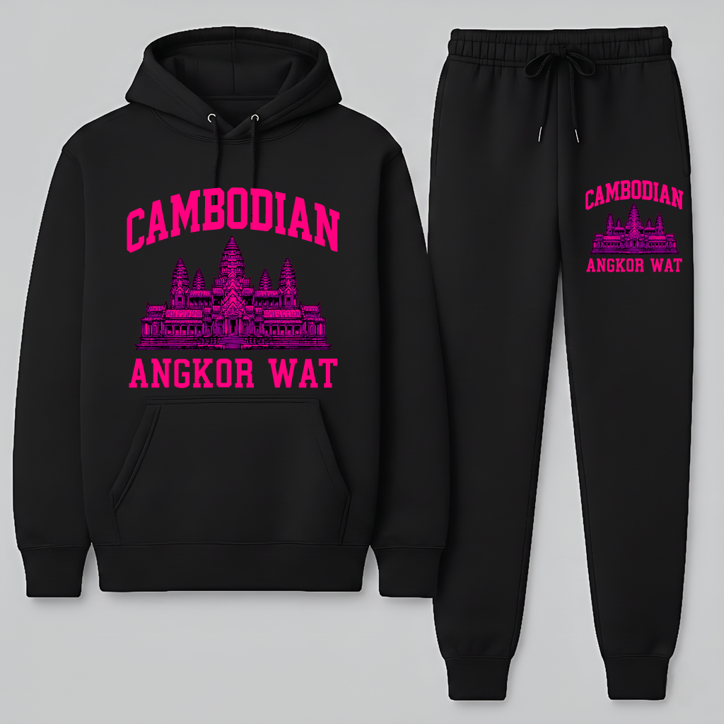 Black hoodie and jogger set with pink Cambodian Angkor Wat text on a light gray background