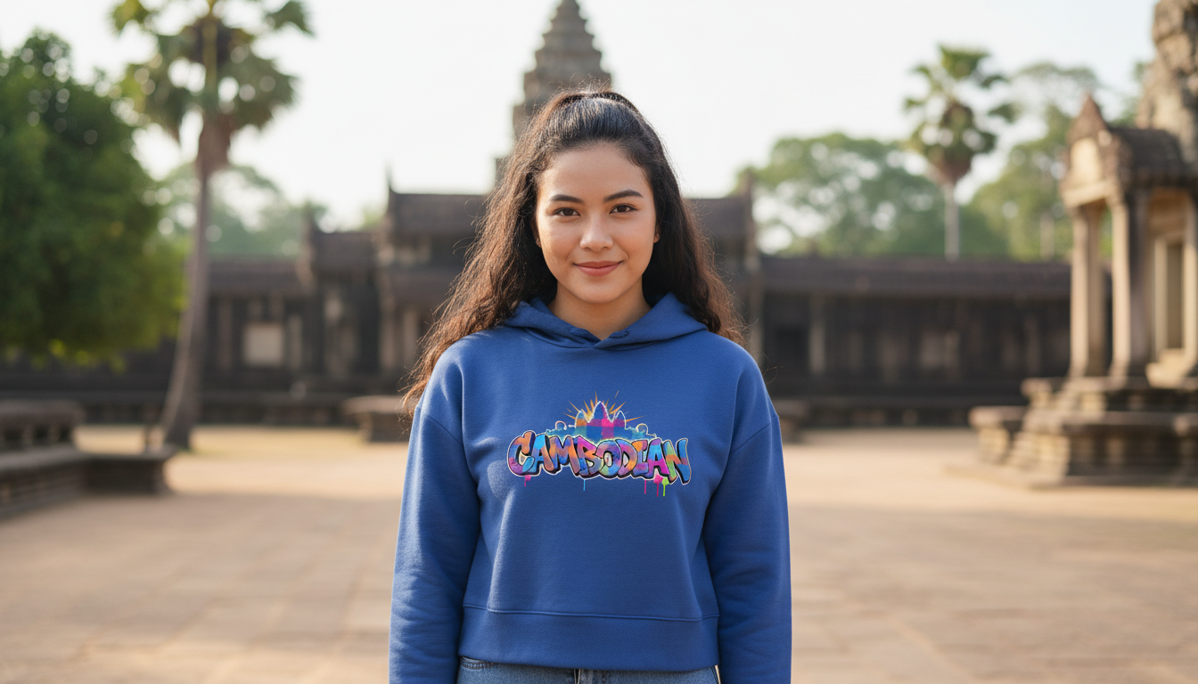 Person wearing a blue hoodie with colorful design in front of a temple.