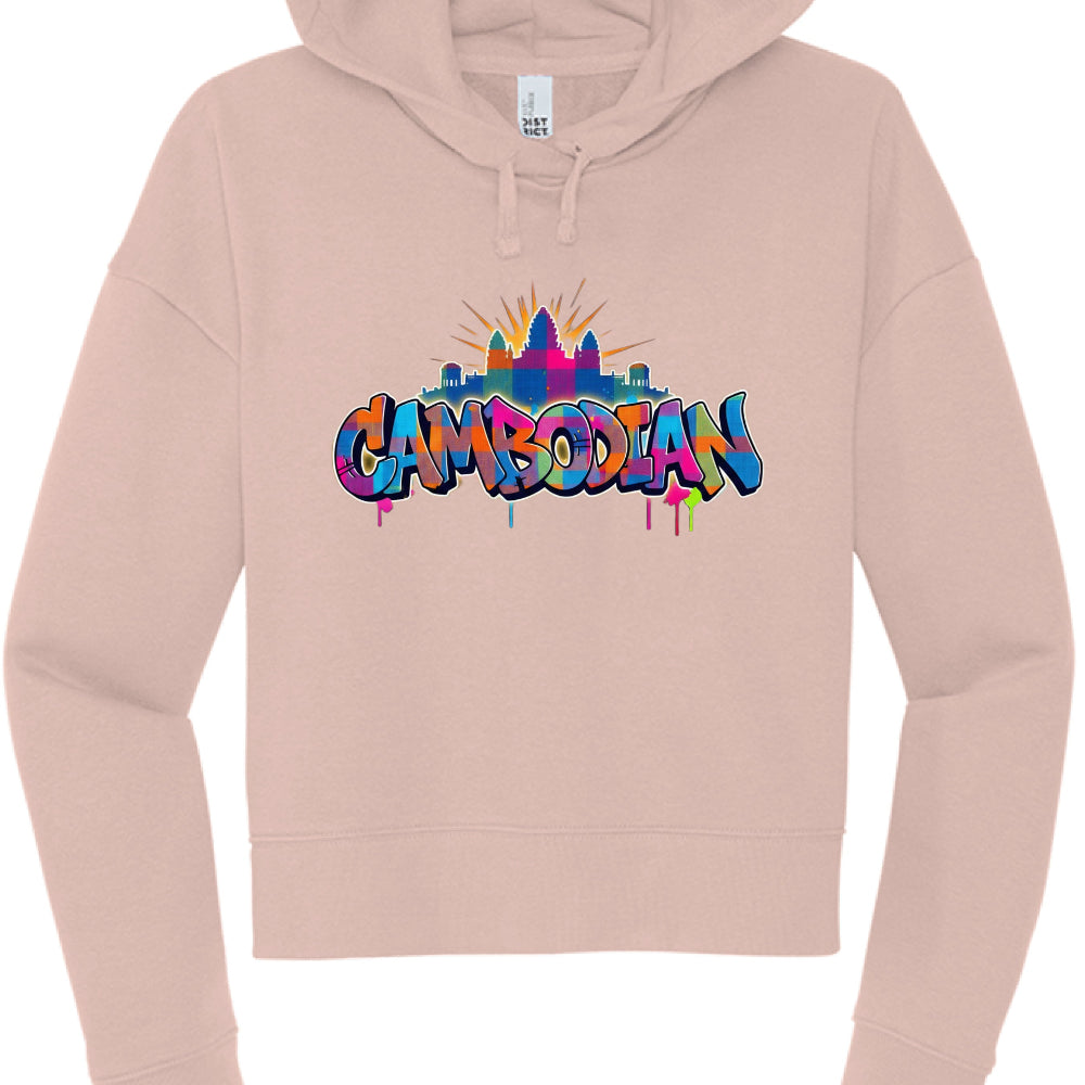 Pink hoodie with colorful 'Cambodian' text design on a white background