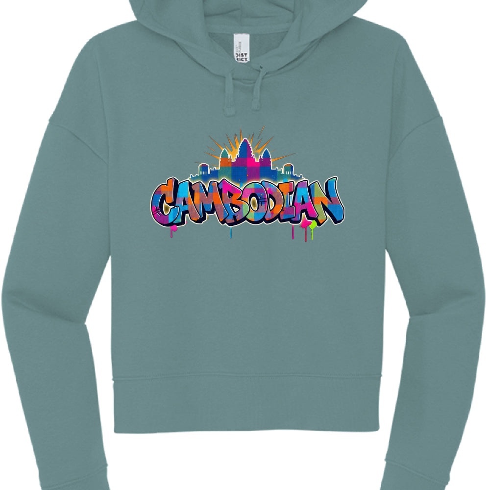 Teal hoodie with colorful 'Cambodian' text design on a white background