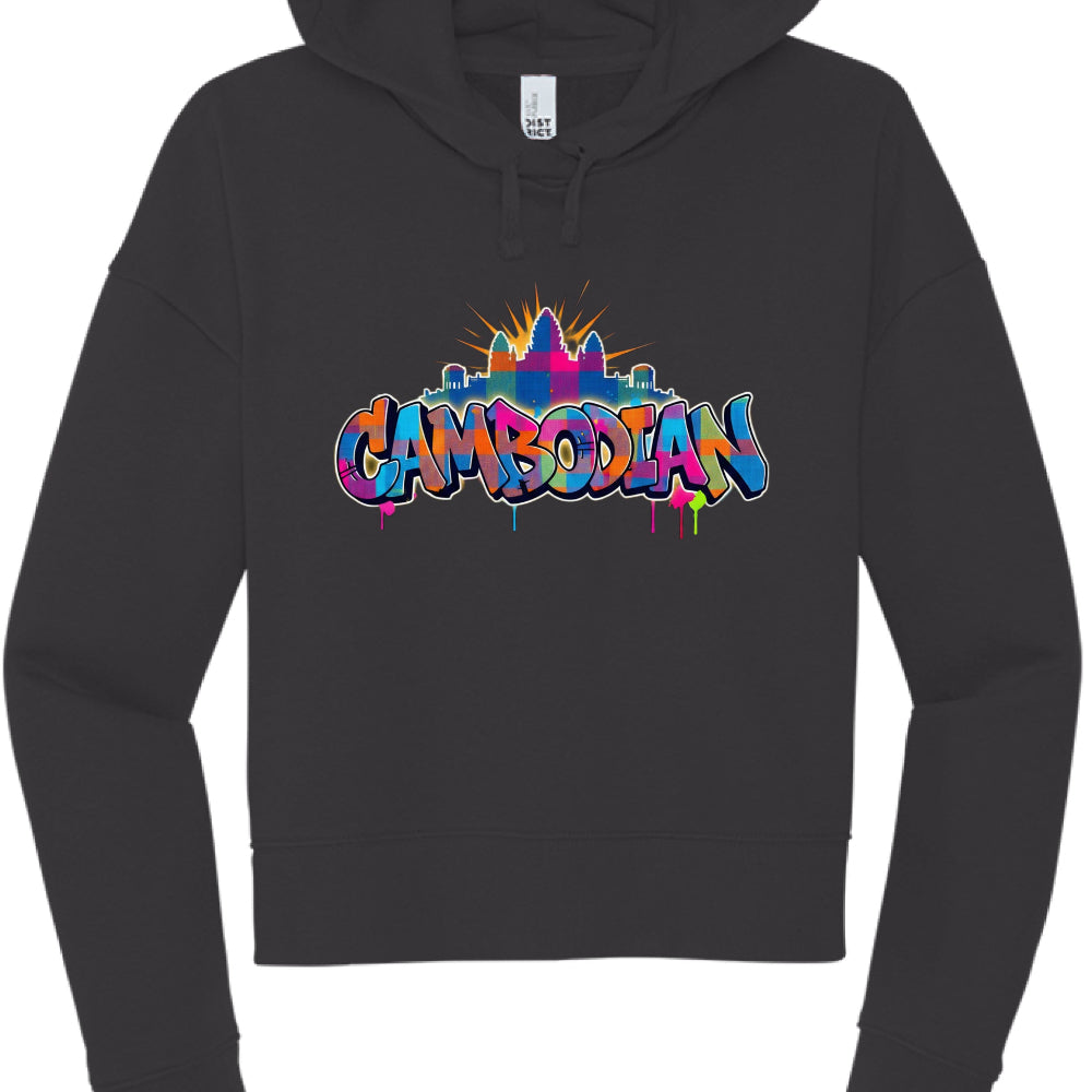 Black hoodie with colorful 'Cambodian' text design on a white background