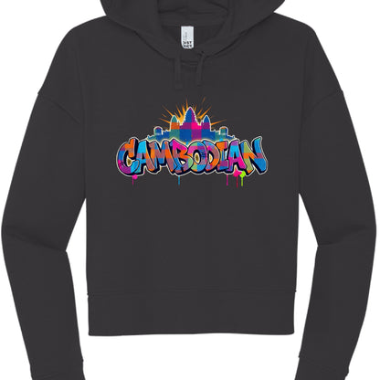 Black hoodie with colorful 'Cambodian' text design on a white background