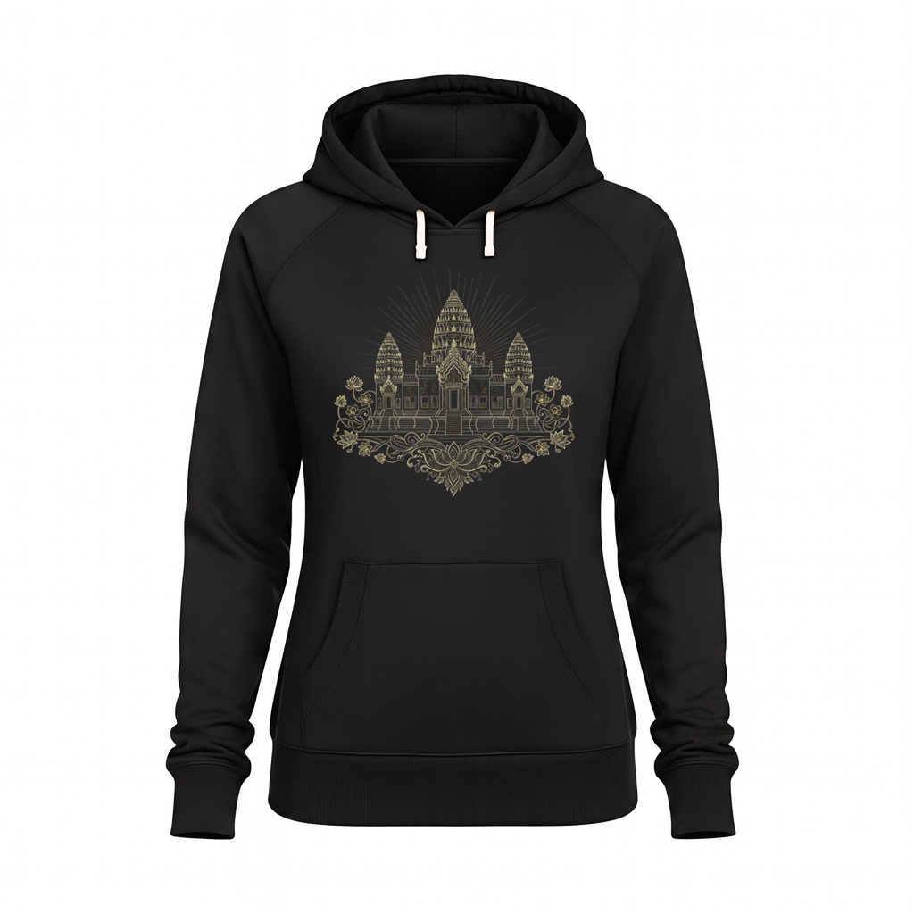 Black hoodie with a gold architectural design on a white background