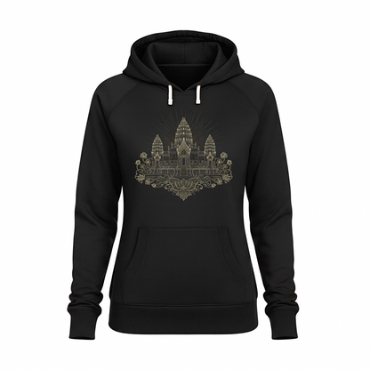 Black hoodie with a gold architectural design on a white background