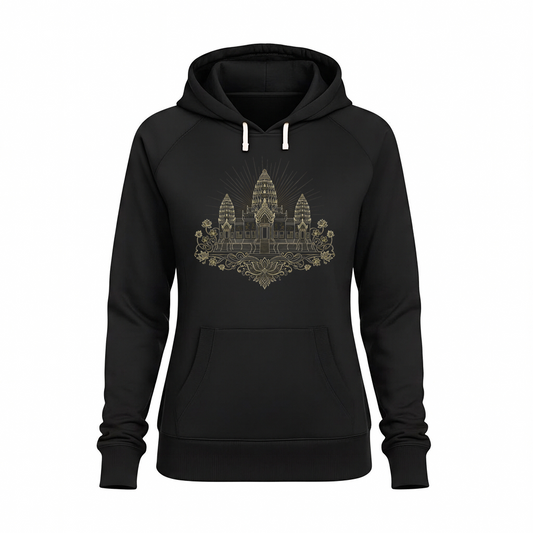 Black hoodie with a gold architectural design on a white background