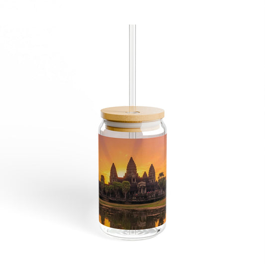 Clear tumbler with bamboo lid and straw featuring Angkor Wat design on a white background