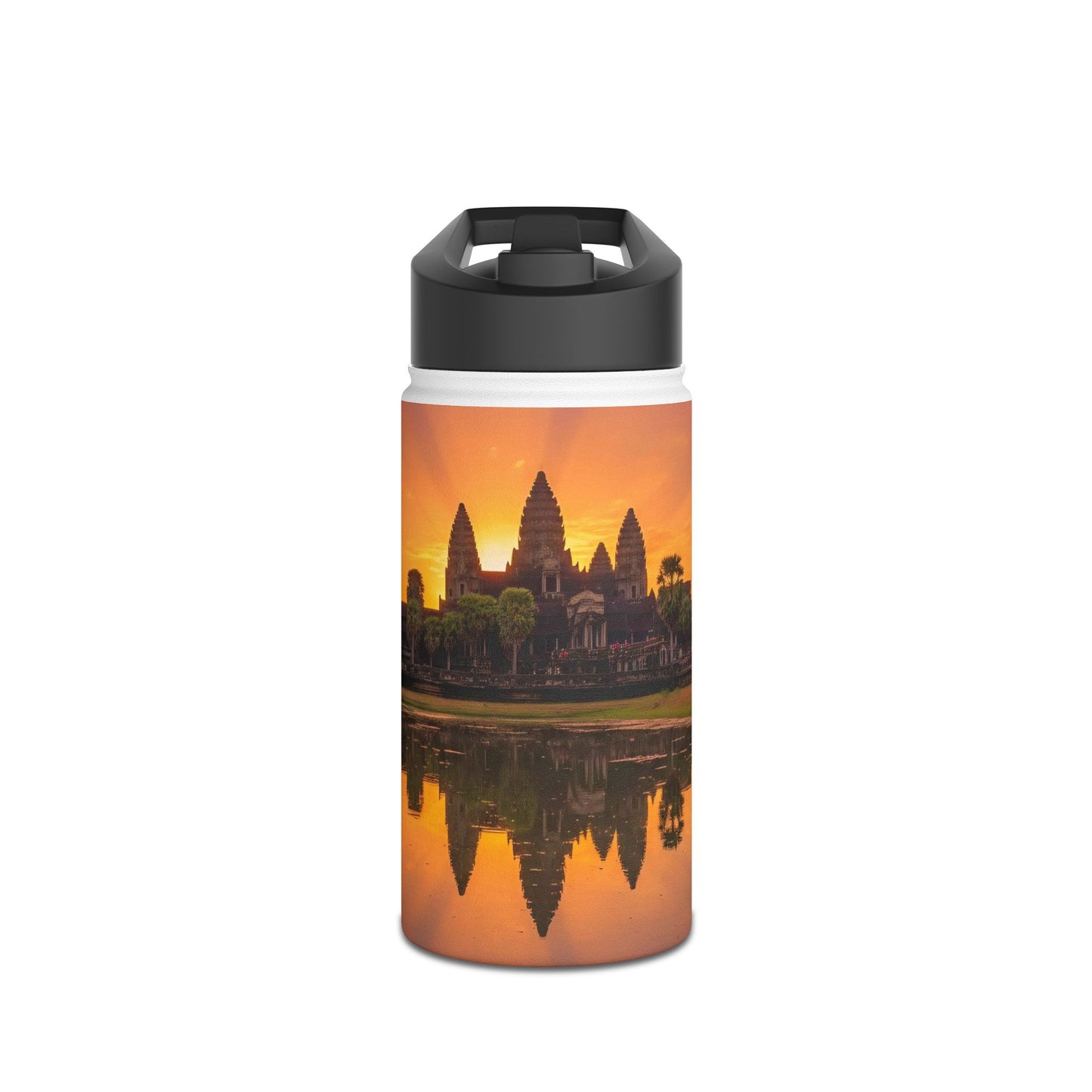 Thermos bottle with Angkor Wat design on an orange background
