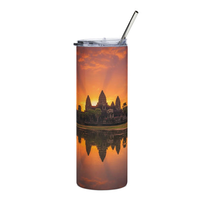 Tumbler with a sunset over a temple design on a white background
