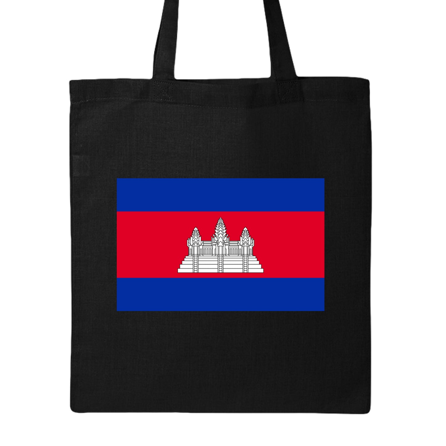Black tote bag with the flag of Cambodia on a white background