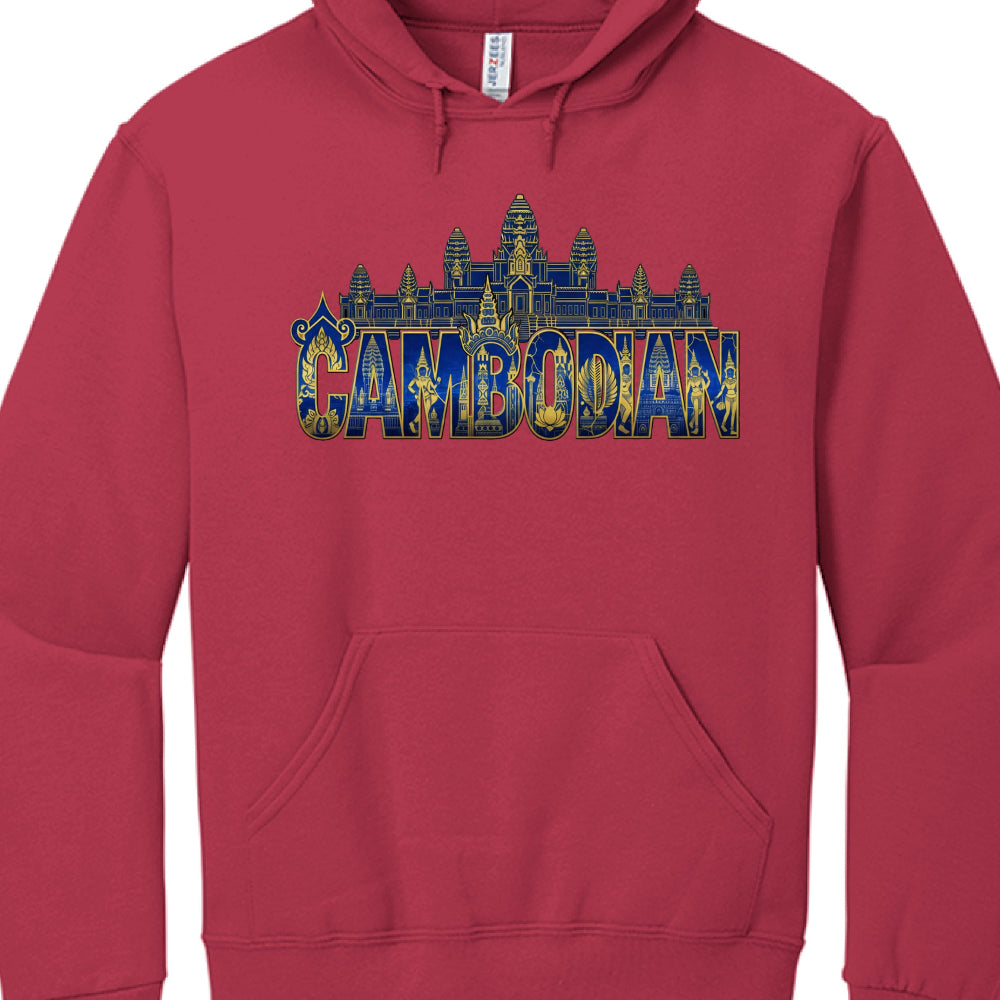 Red hoodie with 'Cambodian' and a castle design on a white background