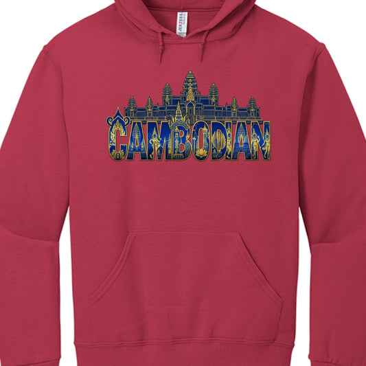 Red hoodie with 'Cambodian' and a castle design on a white background