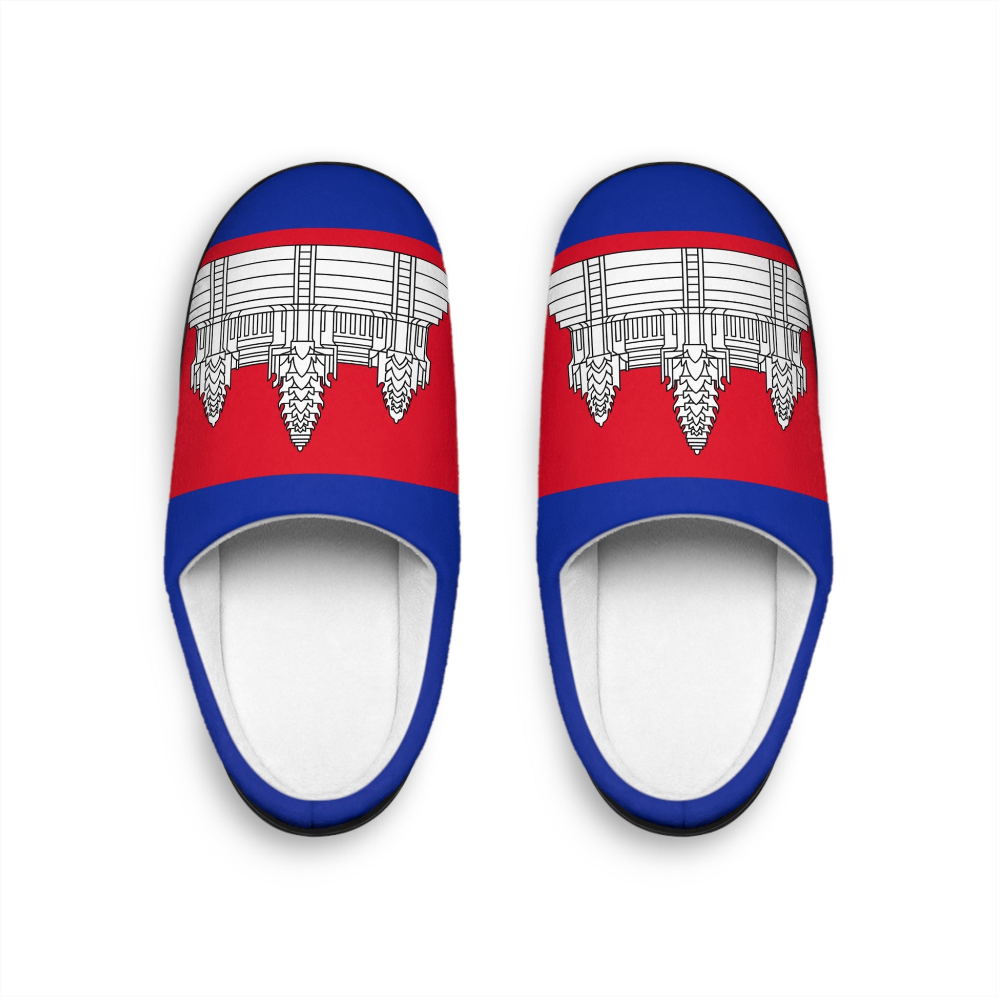 Slippers with a design of a building on a red and blue background