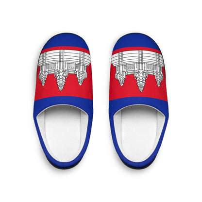 Slippers with a design of a building on a red and blue background