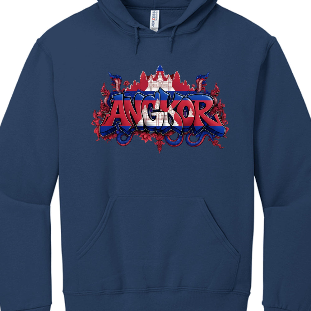 Navy blue hoodie with 'Angkor' graphic design on a white background