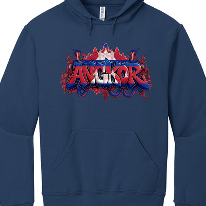 Navy blue hoodie with 'Angkor' graphic design on a white background