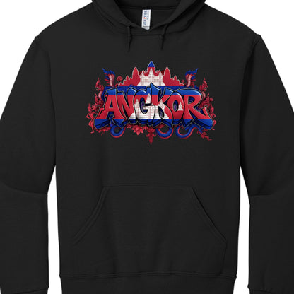 This is an image of a black hooded sweatshirt featuring a graphic design centered on Cambodian culture and the word "ANGKOR."

Design Details
Central Text: The word "ANGKOR" is displayed in a large, 3D graffiti-style font. The letters are colored with the blue and red horizontal stripes of the Cambodian flag, and a white silhouette of Angkor Wat is centered within the lettering.

Iconography:

Angkor Wat: A stylized, red-and-white depiction of the temple towers sits directly above the main text.

Nagas: Two