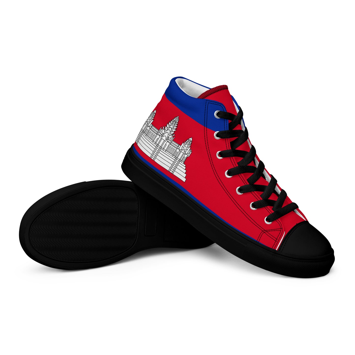 This image shows a pair of high-top canvas sneakers featuring the design of the Cambodian national flag.

Design Details
The Upper: The side of the shoe displays the iconic three-towered silhouette of Angkor Wat in white, set against a vibrant red background. A blue stripe runs along the top near the ankle collar.

The Sole & Accents: The midsole, outsole, and toe cap are solid black. The laces are also black, threaded through silver metal eyelets.

The Sole Pattern: One shoe is tilted to reveal the bottom,
