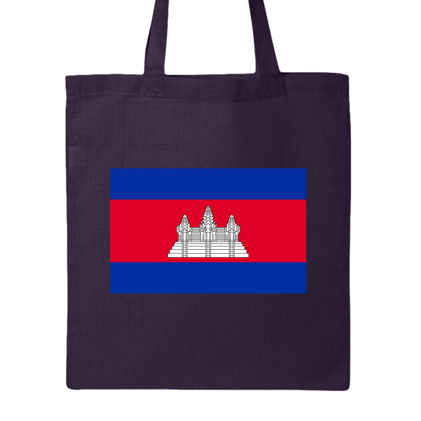 Navy blue tote bag with the flag of Cambodia on a white background