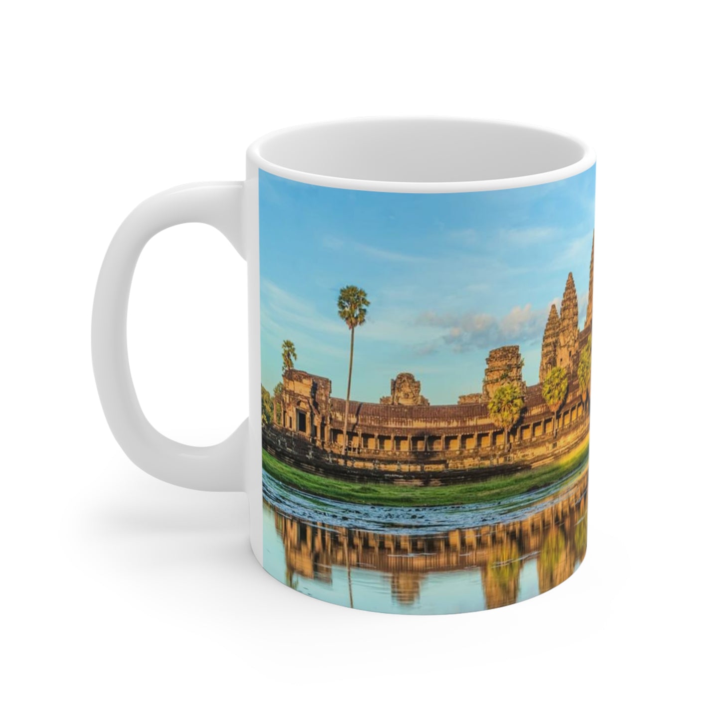 Mug with Angkor Wat design on a white background