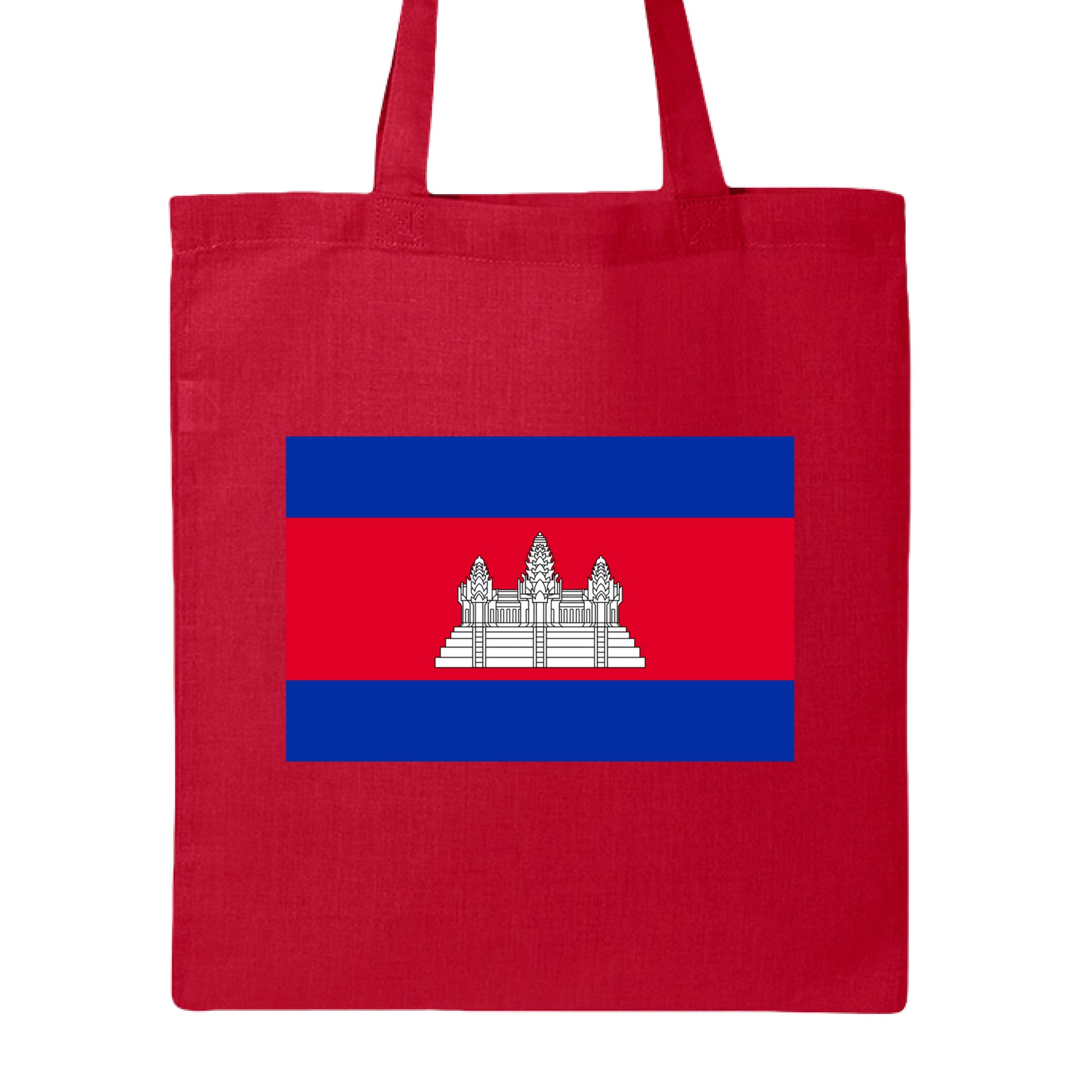 Red tote bag with a blue stripe and white emblem on a white background