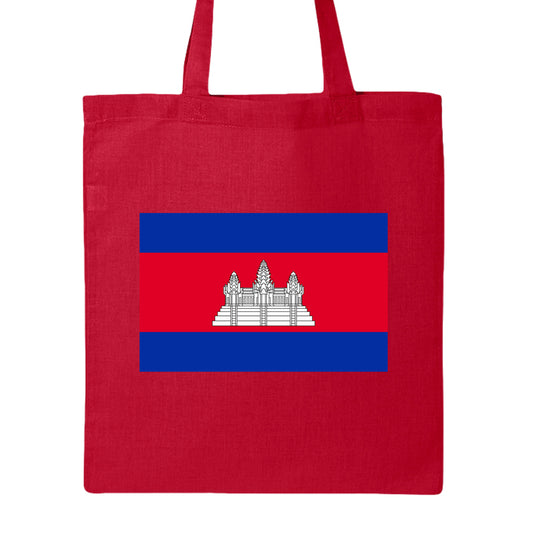 Red tote bag with a blue stripe and white emblem on a white background