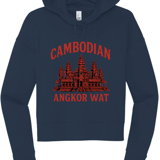 Navy Blue Version
This version returns to a high-contrast, two-tone aesthetic.

Garment: A deep navy blue pullover cropped hoodie.

Graphic Color: The entire design—including the arched "CAMBODIAN" text, the temple illustration, and the "ANGKOR WAT" base text—is printed in a bold, solid red.

Details: Like the previous versions, it features the "District" brand tag and a raw-hem style waist.