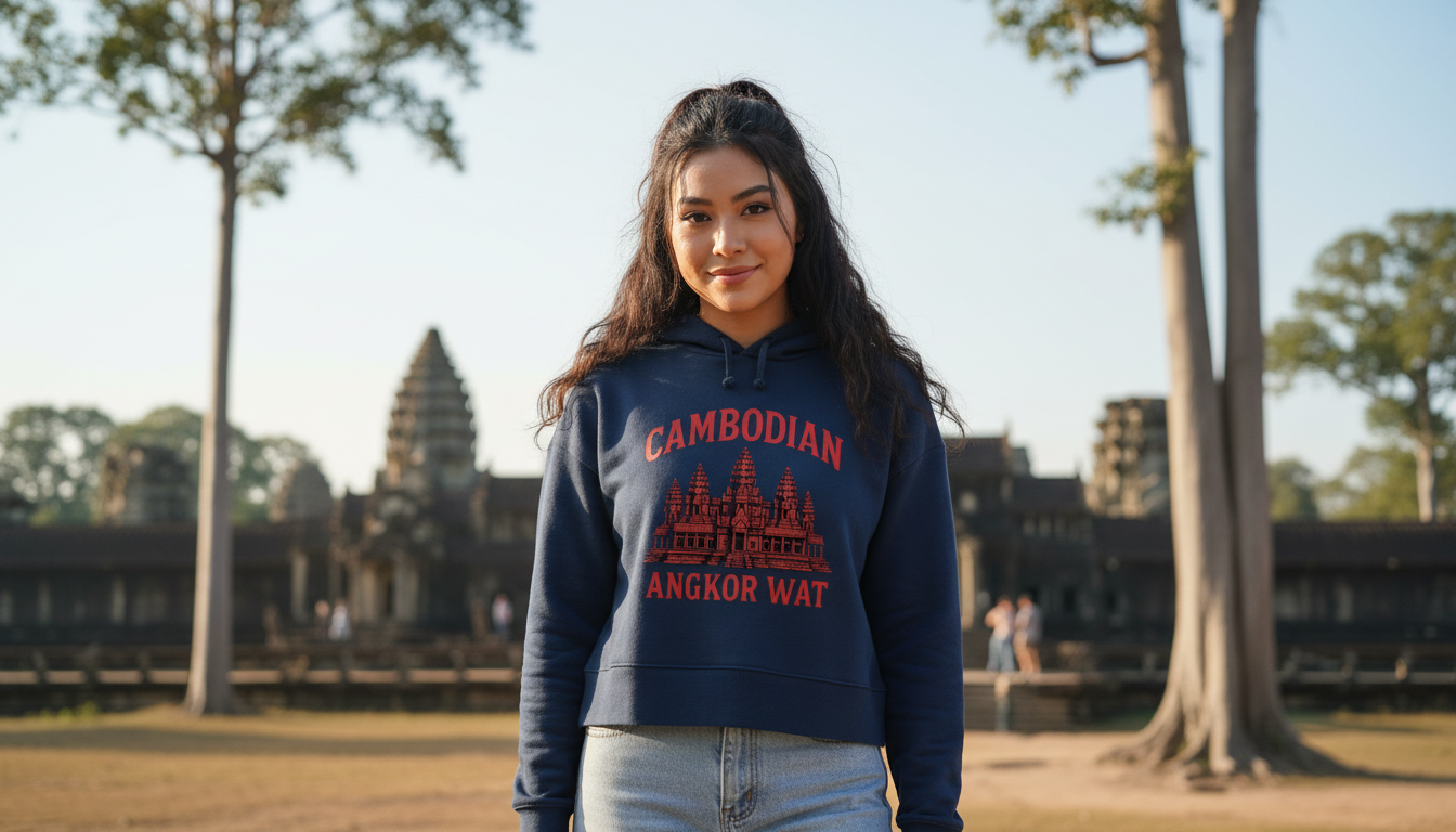 Person wearing a hoodie with 'Cambodian Way' text in front of Angkor Wat.
