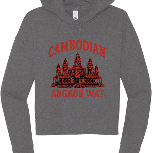 Gray hoodie with red Angkor Wat design and 'Cambodian' text on a white background