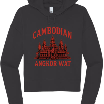 Black hoodie with red Angkor Wat design and text on a white background