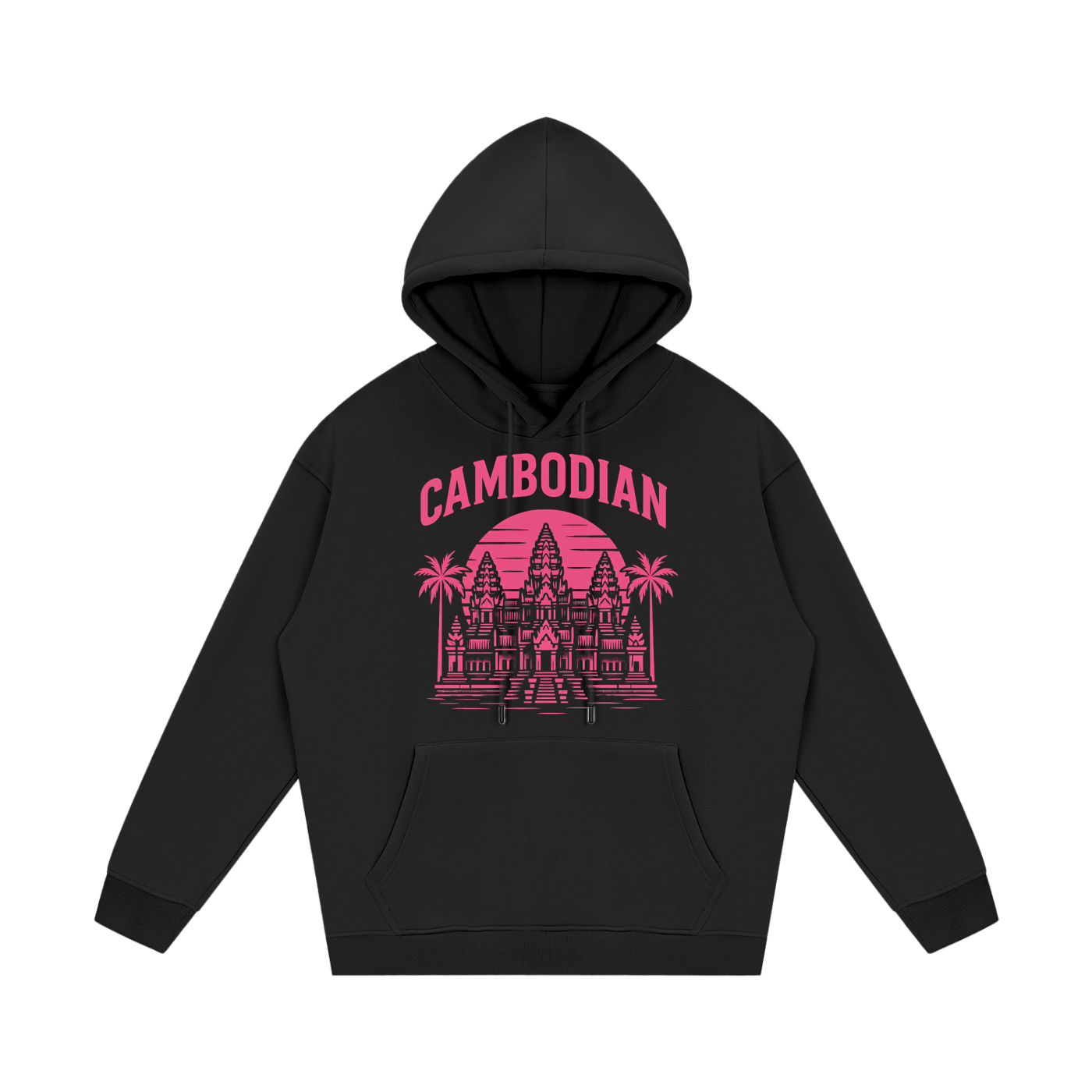 The central artwork uses a bright pink color scheme and includes the following features:

Typography: The word "CAMBODIAN" is printed in a bold, capitalized, sans-serif font that arches over the central image.

Architecture: A detailed illustration of Angkor Wat serves as the centerpiece.

Background: A large, solid circular sun with horizontal line cutouts sits behind the temple, creating a "retro-sunset" or "synthwave" aesthetic.

Nature Details: Two palm trees flank the temple, and horizontal lines at th